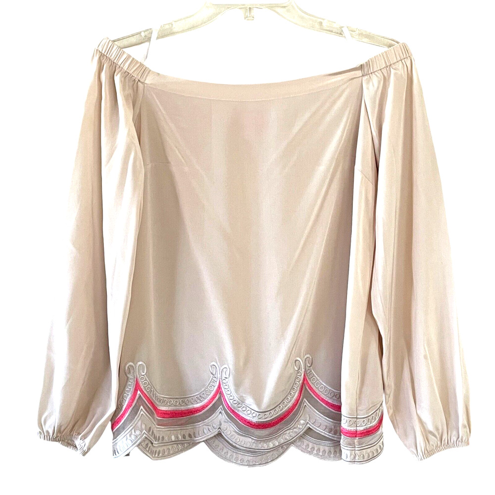 LILLY PULITZER Adira Women's Size XS Oyster Shell Pink Off-The-Shoulder Silk Top - Picture 4 of 8